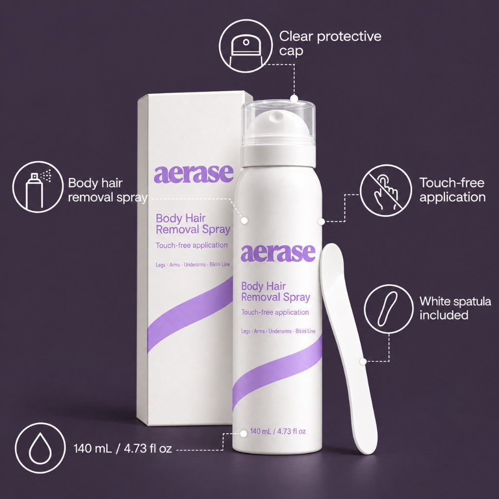 AERASE bottle details: clear cap, touch-free spray, spatula and 140 mL
